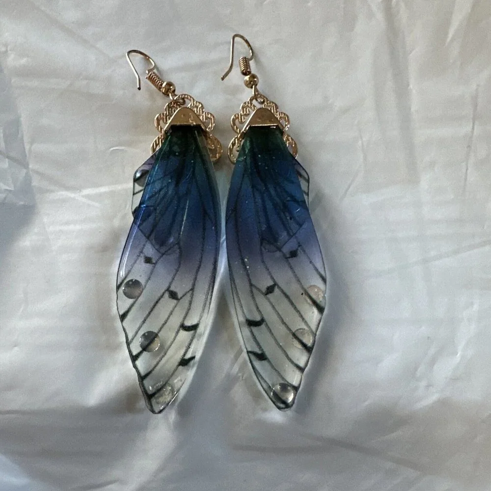 Fairy Earrings Butterfly Wings Handmade‎ Fantasy Elvish Nature Blue Rhinestones